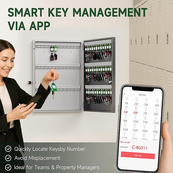 72 Key Lock Box, Key Cabinet Organizer Wall Mount use OTP Technology Unlock,Fixed Password/Bluetooth Unlock,Key Safe Security Storage Lockbox Holder for Valets, Hotels, Car and House