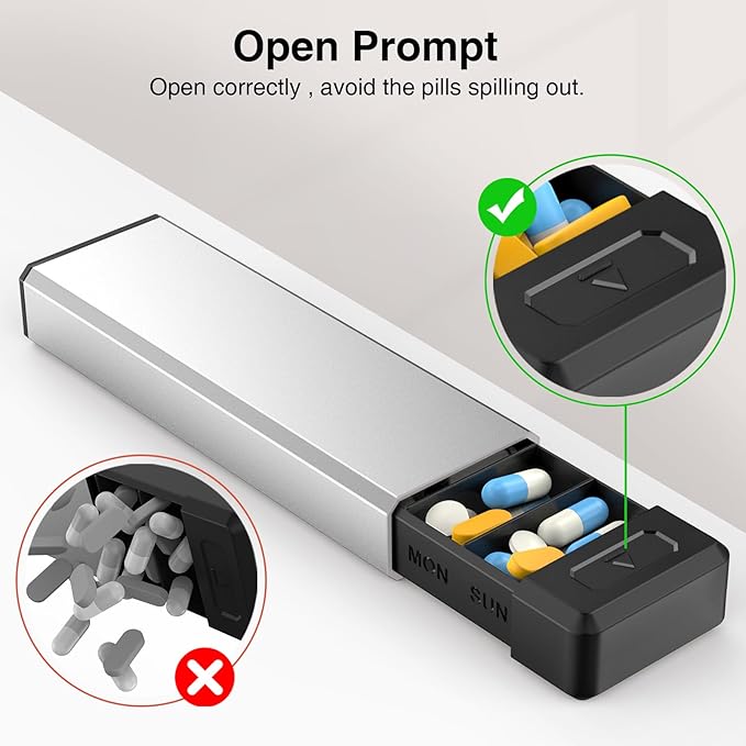 HEIYING Pill Organizer with Aluminum Shell for One Week Capacity, Portable 7 Compartments Pill Box Container to Hold Vitamin, Medicine, Supplements