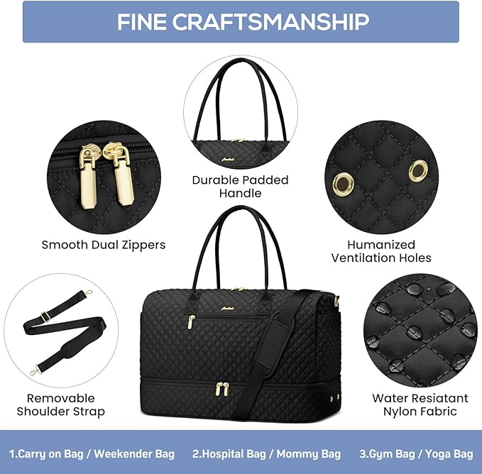 Travel Weekender Duffle Bag for Women - Overnight Bag with Shoe Compartment Carry on Bag with Toiletry Bag Gym Duffel Bag with Wet Pocket Hospital Bags for Labor and Delivery 3 Pcs Set Black