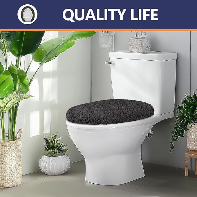 Microfiber Elongated Toilet Seat Cover 19.5"x 15" Machine Washable Solid Toilet Lid Cover Adjustable Rubber Backing Fits Most 18-19.5" L x 14-16" W Elongated Toilet Seat