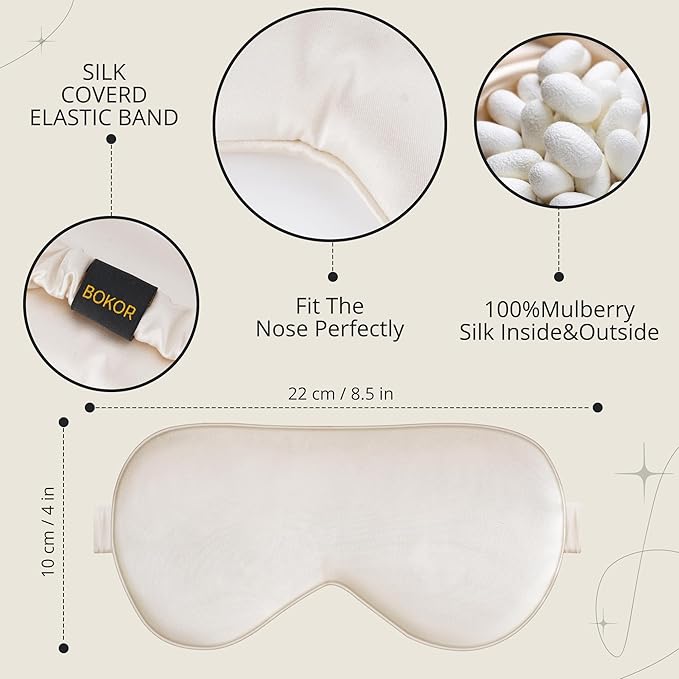 BOKOR Adjustable Silk Sleep Eye Mask for Women and Men, Luxury Mulberry Silk Eye Cover, Light-Blocking Improve Sleep Quality,with Travel Bag - Champagne