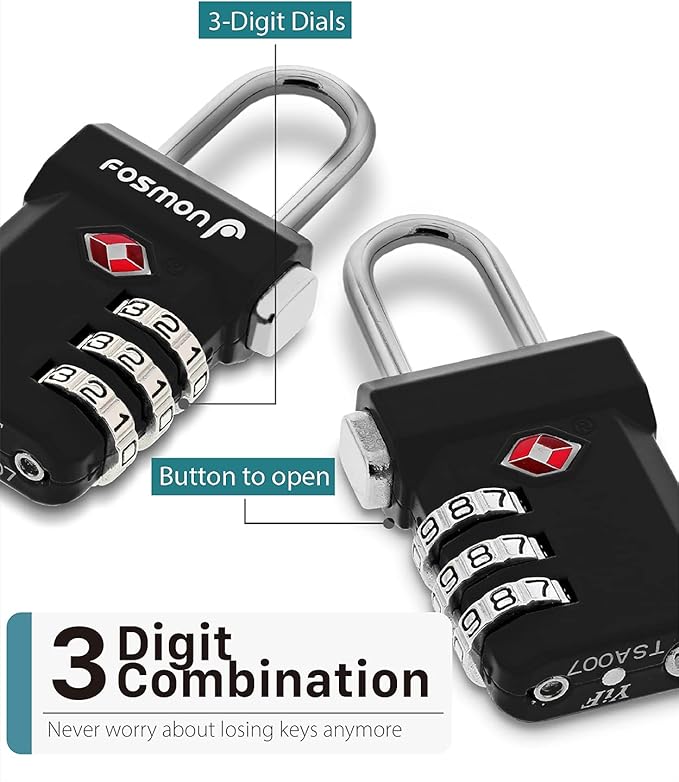 Fosmon TSA Accepted Luggage Locks, (4 Pack) Open Alert Indicator 3 Digit Combination Padlock Codes with Alloy Body and Release Button for Travel Bag, Suit Case & Luggage - Black