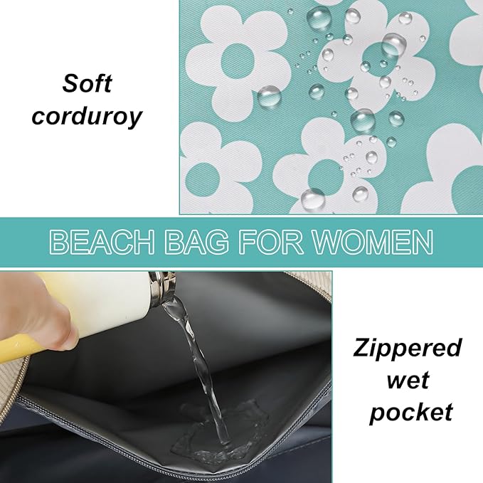 LEDAOU Large Beach Tote Bag Women Waterproof Sandproof Zipper Beach Tote Bag for Pool Gym Grocery Travel with Wet Pocket