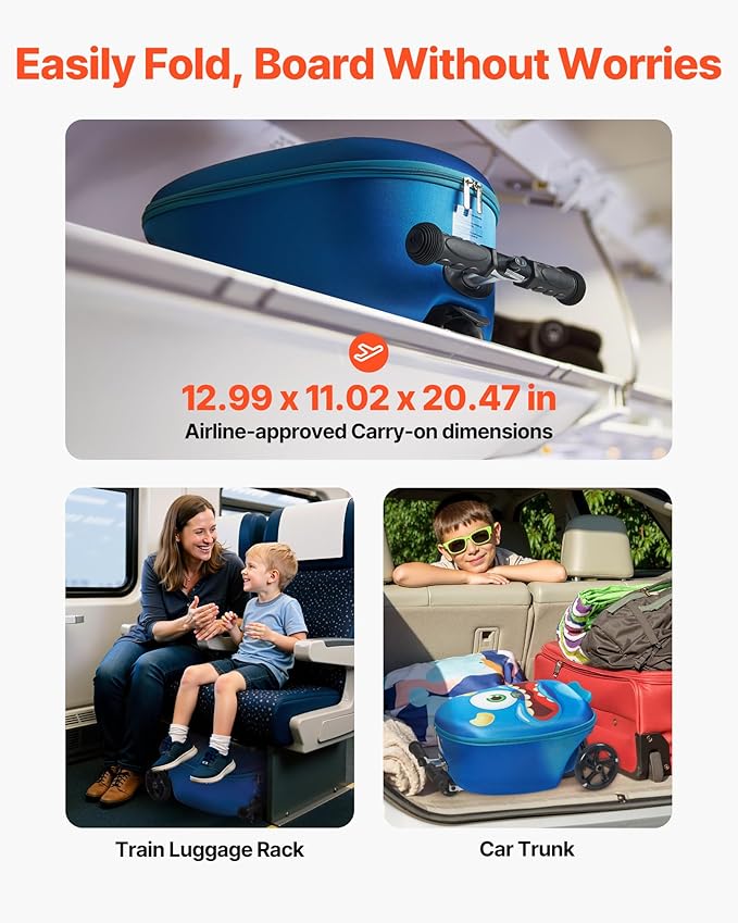 VEVOR Ride-on Luggage, 20 L Capacity, 20 Inches Kids Scooter Suitcase with Flash PU Wheels, Adjustable Handle & TPR Non-Slip Grip, Foldable & Lightweight Scooter Luggage for Kids Aged 5+, Blue