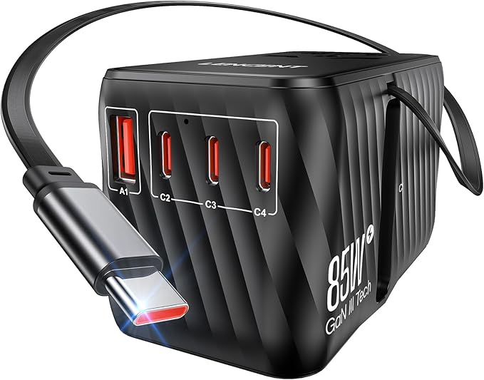 LENCENT 85W Universal Travel Adapter with Retractable USB C Cable, GaN International Plug Adapter with 3 Type C &1 USB A Ports Fast Charging, Worldwide Outlet Converter for US to European EU UK AUS