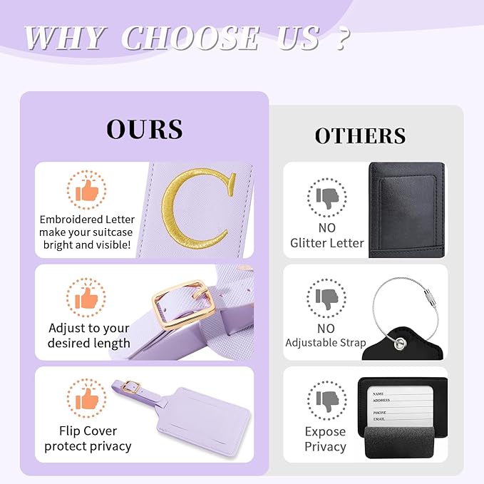 Personalized Initial Luggage Tags for Suitcase, Purple Leather Cute Luggage Tags with Privacy Cover Name Card, Embroidered Custom Monogrammed Luggage Tag Travel Backpack Tags Gifts for Women Kids(C)