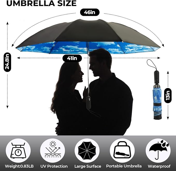 Compact Inverted Travel Umbrella, Automatic Open Close, 9-Rib 46 Inch Windproof Umbrella, Waterproof UPF 50+, Portable Umbrellas for Men, Women, Travel, and Daily Use