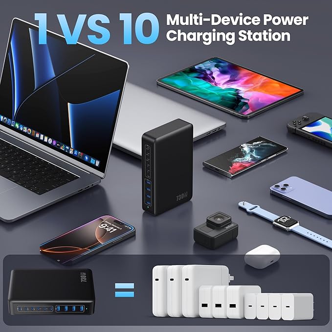 730W USB C Charger Block,10-Ports GaN V Fast Charging Station Hub,QC4.0+3 PD 100W Laptop Charger Wall Power Adapter for MacBook Pro/Air,DELL,iPhone 17/16/15/14,iPad,Galaxy S25,Pixel,Steam Desk-Black