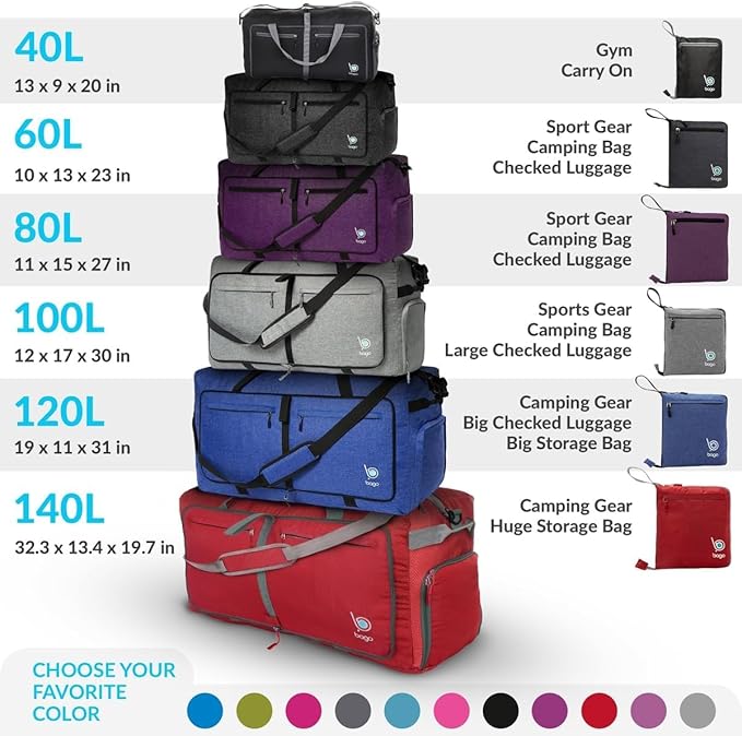 Bago Large Foldable Duffel Bags for Traveling Women & Men - 80L Packable Duffle Bag for Travel with Shoe Compartment - Water Repellant, Heavy Duty, Lightweight Folding & Collapsible (SnowGray)