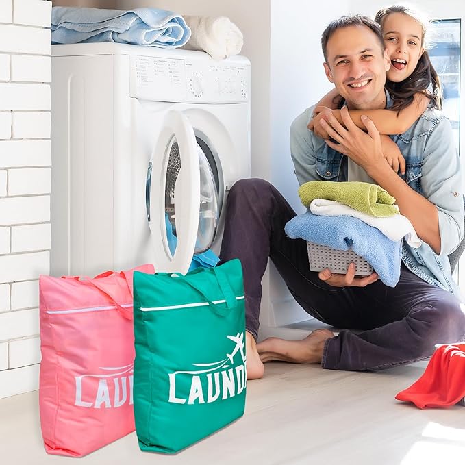 Fiodrimy 2 Pcs Large Travel Laundry Bags - Washable Waterproof Wet Dry Bags for Dirty Clothes, Swimsuits, Workout & Gym Clothes - Pink & Blue