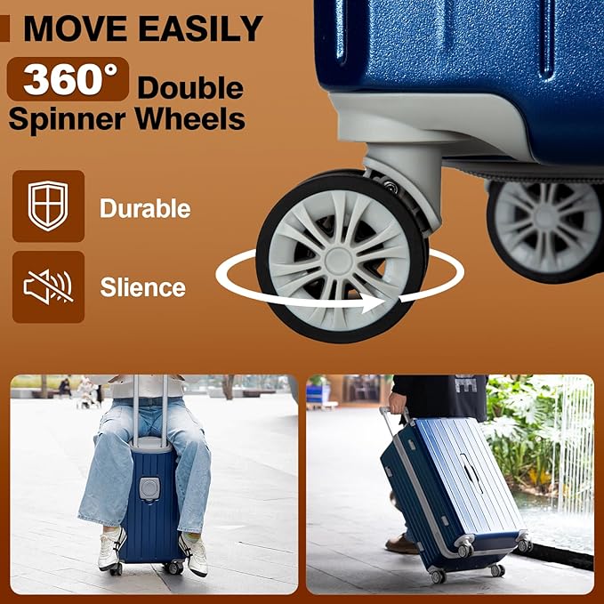 Romswi 3-Piece Carry-On Luggage Set with Cup Holder TSA Lock, 20" Hardside Spinner Suitcase with Duffel Bag, Lightweight Durable PC+ABS Navy Travel Luggage