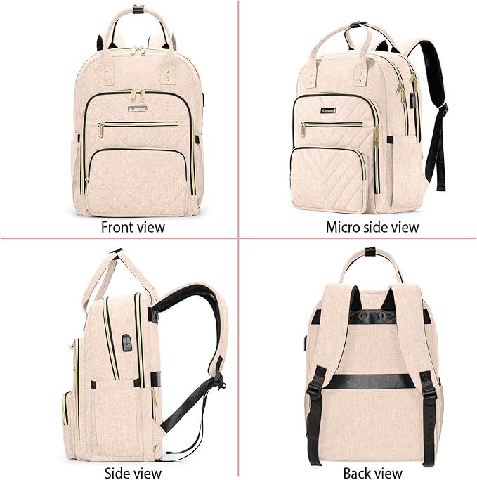 Laptop Backpack for Women, High School Bookbag for Girls with USB Port Charging, 15.6 Inch Water Resistant Computer Bag for Work, Travel College Back Pack Purse Gifts for Student Teacher, Beige
