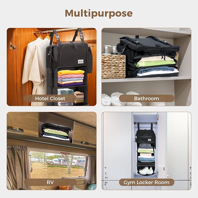 Hanging Packing Cubes for Travel – Portable Closet Organizer with Shoe Compartment, Compression Travel Shelves for 24–32 Inch Suitcases, Foldable Carry-On Packing System