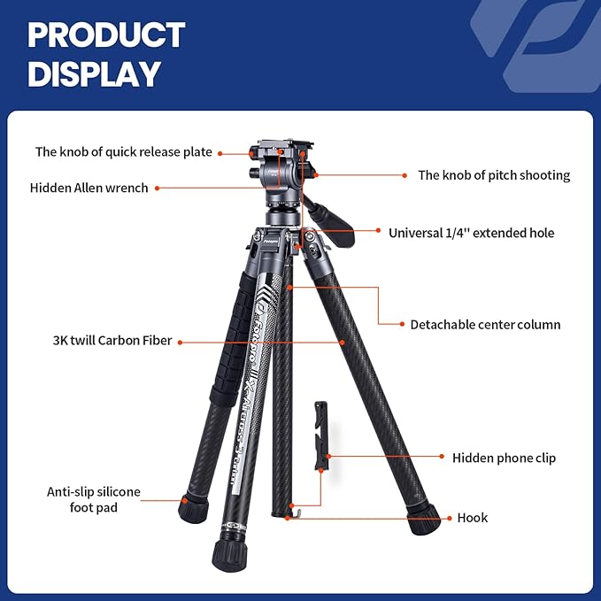 Fotopro Carbon Fiber Travel Tripod 2.2lbs Ultralight 64 Inch Portable Compact Travel Video Tripod for Camera DSLR Load up to 22lb X-Aircross 3 Lite Video Grey