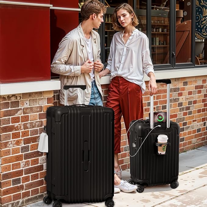 Krute Luggage with Spinner Double Wheels Suitcases with USB Port and Cup Holder TSA Lock PC+ABS Hardside Checked Luggage 28 Inch (Black)