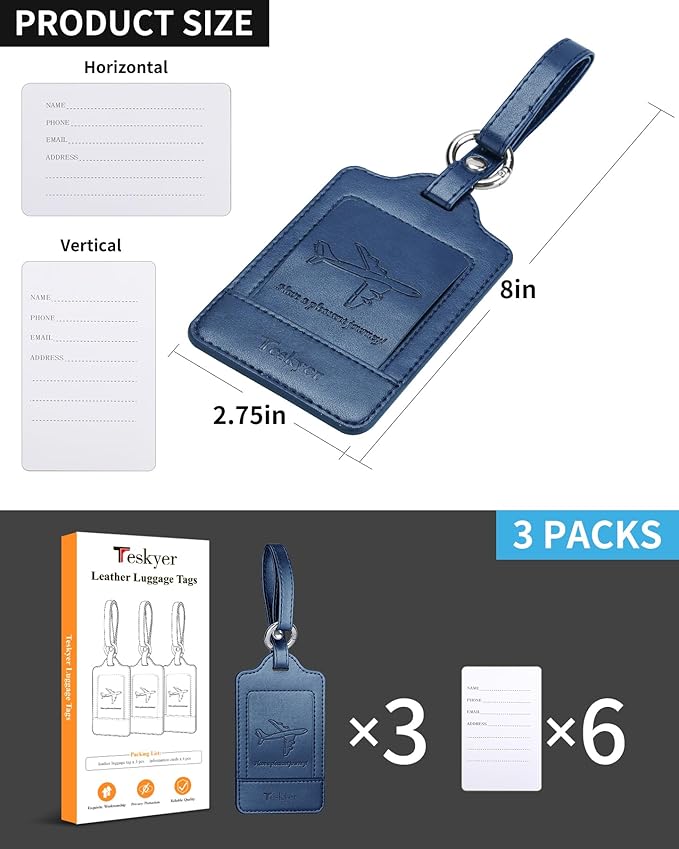 Teskyer Luggage Tags, 3 Pack Premium PU Leather Luggage Tags for Suitcases, Privacy Protection Travel Bag Tags, Blue