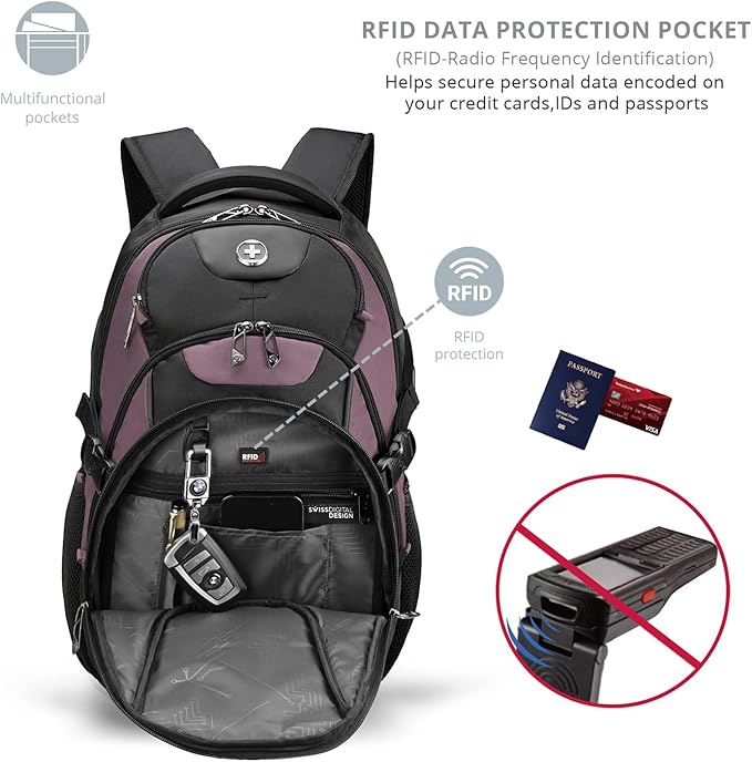 Swissdigital Design Laptop Backpack with USB Charging Port, TSA Travel Backpack Fits 15.6 inches Computer, 31L College School Backpack for Women, Light Purple/Black | SD803