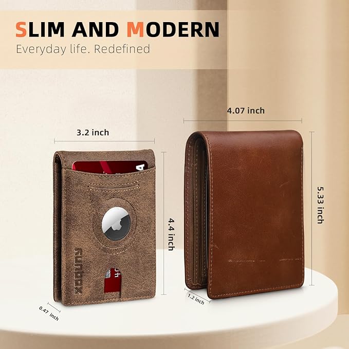 RUNBOX AirTag-Wallet-Mens-Slim-RFID Blocking Wallets Leather with Bill Compartment Air Tag Bifold Card Holder Wallet Gifts for Men Dad