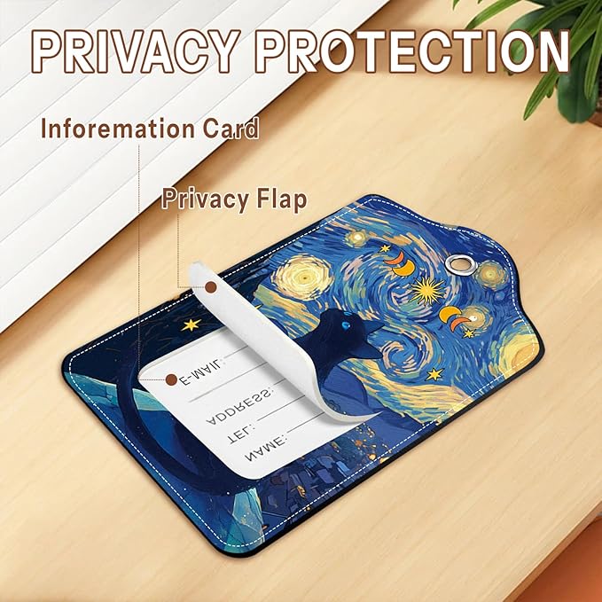 2 Pcs Colorful Luggage Tags for Suitcase, Cat Leather Luggage Tags Cute, Privacy Cover ID Label with Stainless Steel Loop & Address Card, Funny Cat Travel Bag Tag Luggage Accessories for Suitcases