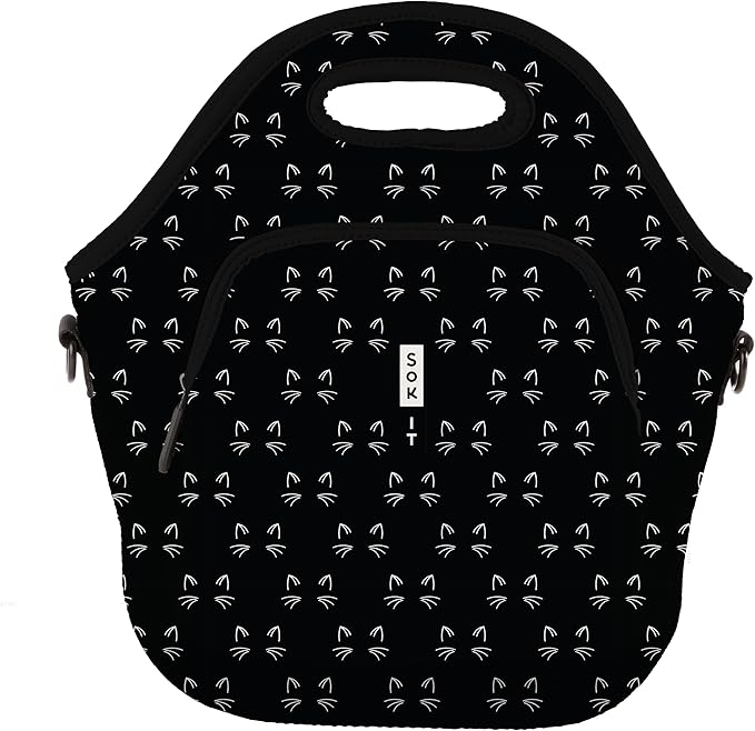 Sok It LunchTote Zippered Bag Insulated Neoprene Caddy (Mystical Meows, X-Large 6.5 Quart Lunch Tote)