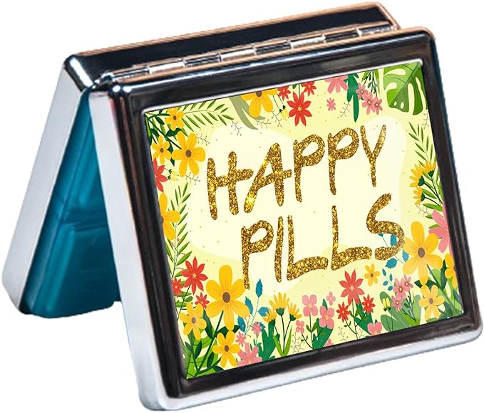 Silver Vintage Pill Box 7 Day Metal Pill Box with Mirror and 8 Compartments Cute Travel Pill Organizer for Purse (Happy Pills)