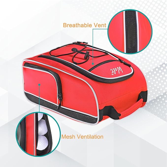 Wolt Golf Shoe Bag - Sports & Travel Shoes Carrier Bags with Ventilation & Double Outside Accessory Pocket for Socks, Tees, Golf Balls, etc. for women and men (Red)