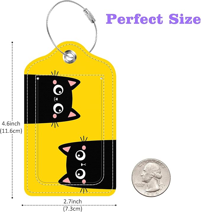 Set of 2 Luggage Tags Two Black Kitten Face Head Leather Suitcases Tag with Privacy Cover Stainless Steel Loop and Address Card for Women Men Travel