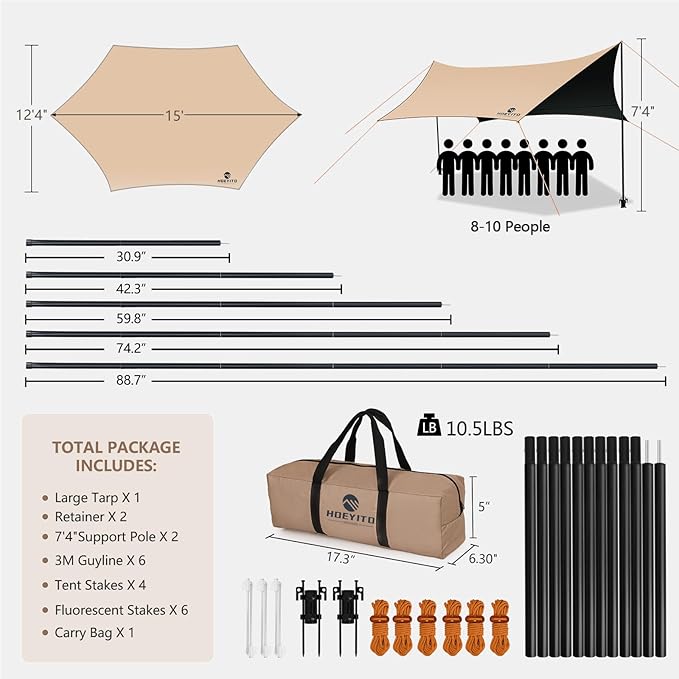 Camping Tarp with Poles & Retainer,15x12.5FT Large Waterproof 210D Oxford Cloth Camping Canopy, Anti-UV UPF100+ Tent Tarp Car Awning for Outdoor, Picnic, Hammock, Car, Backpacking (Khaki-Black)