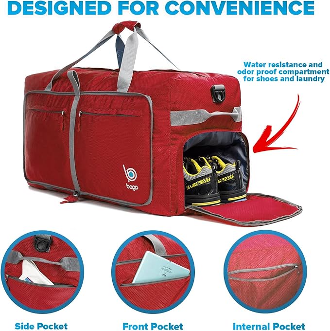 Bago Large Foldable Duffel Bags for Traveling Women & Men - 120L Packable Duffle Bag for Travel with Shoe Compartment - Water Repellant, Heavy Duty, Lightweight Folding & Collapsible (Red)