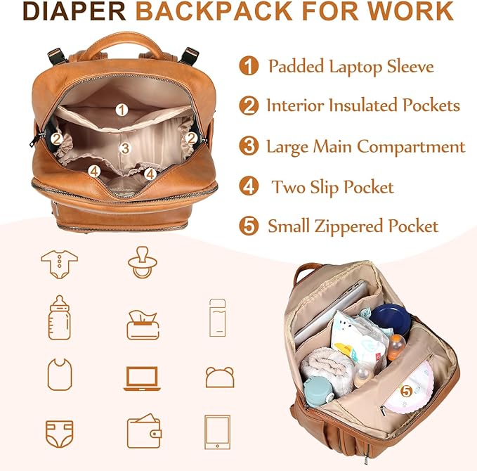 VASCHY Diaper Bag Backpack for Mum Dad, Unisex Large Waterproof Vegan Leather Baby Bag with Changing Pad,Insulated Pockets,Padded Laptop Sleeve for Travel,Brown