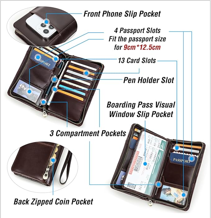 Top Grain Leather Travel Passport Wallet Holder for Man & Woman, Handmade with Three-Layer for 4 Passports & Multi Cards, RFID Blocking Large Capacity for Cards/Passports/Tickets, Coffee