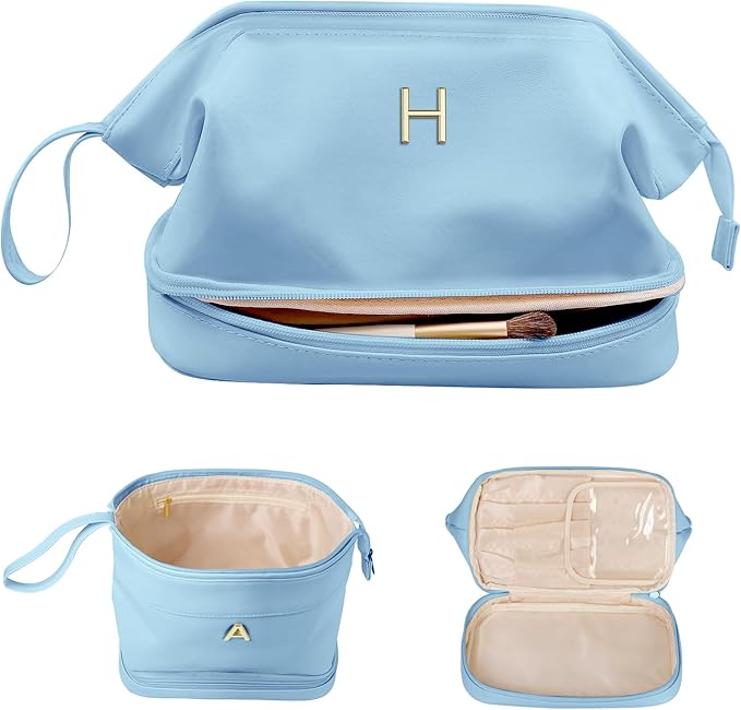 Gifts for 10 11 12 14 15 16 Year Old Girls, Initial Large Makeup Bag, Personalized Double Layer Cosmetic Bag with Makeup Brush Organizer,Toiletry Bag Gift For Daughter, Preppy Things for Girl