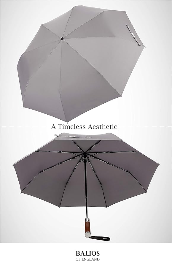 Balios (Designed in UK) Travel Umbrella Luxurious Golden Hardwood Handle Auto Open & Close Windproof Frame Single Canopy Automatic Folding Umbrella Men's & Ladies