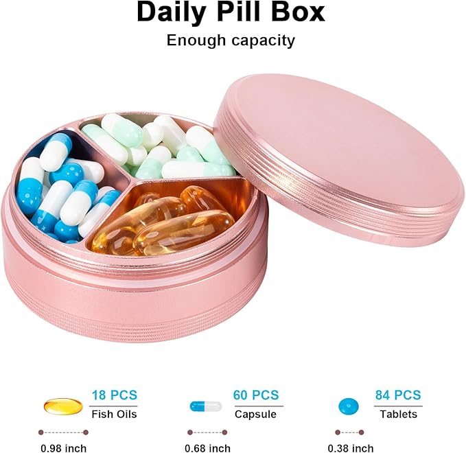 Metal Travel Pill Box 3 Compartment - Small Waterproof Pill Container Portable Daily Pill Case Pink Pocket Purse Medicine Organizer Holder for Medication Vitamins Fish Oils