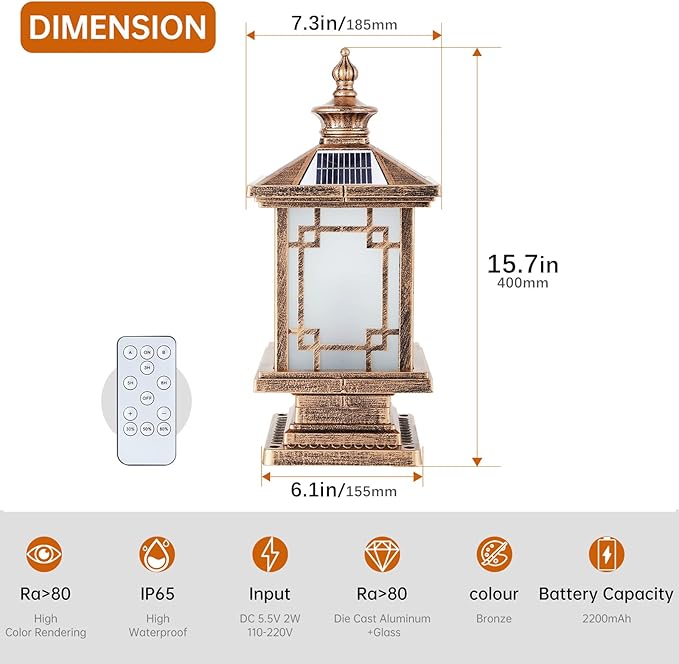 LED Solar Post Light Outdoor, Aluminum Fence Post Cap Lamp Remote Control Dimmable Pillar Lights Solar IP65 Waterproof Column Light, 15.7" X 7.3" Pillar Pedestal Lantern for Garden Yard