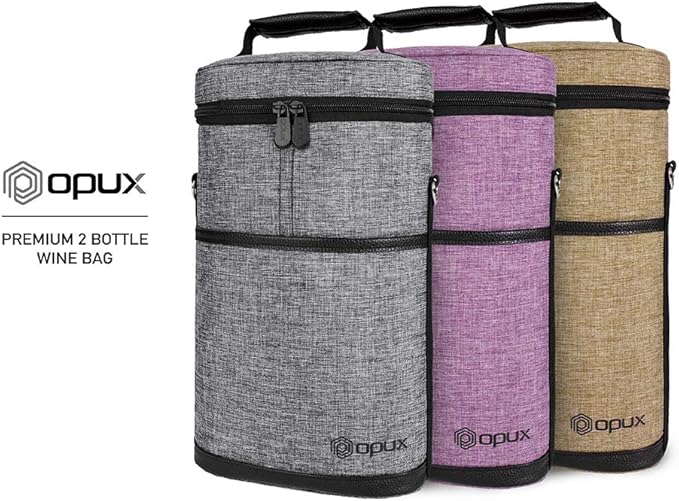 opux 2 Bottle Wine Carrier Tote, Insulated Leakproof Wine Cooler Bag, Wine Travel Bag for Picnic BYOB Beach, Portable Wine Bottle Carrying Case, Gift for Wine Lover Women Men Christmas, Heather Grey
