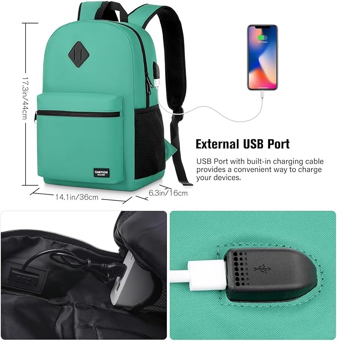 School Backpack for Teens,Green Bookbag Classic Backpack with USB Port for High School College Students
