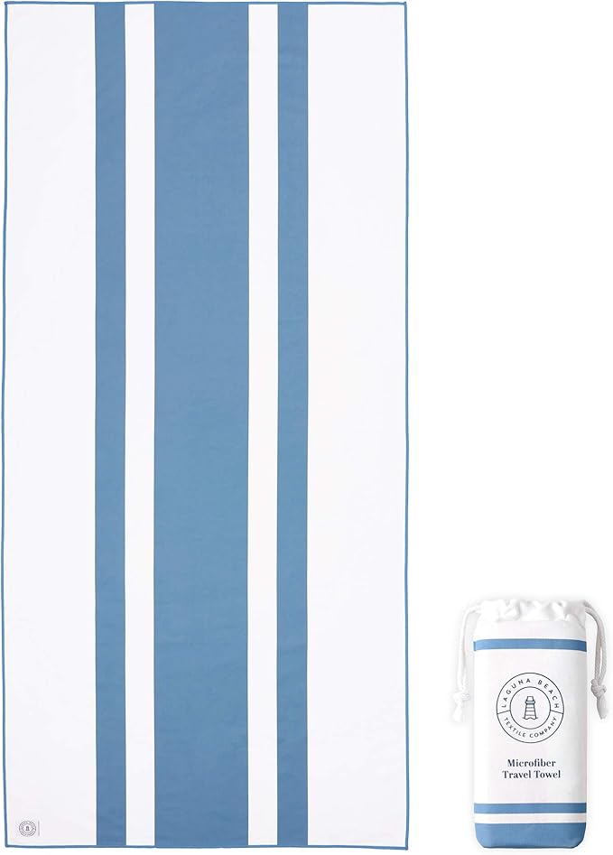 Bright Blue Microfiber Beach Towel by Laguna Beach Textile Co - Sand Free, Light Weight Striped Pool Towel - Perfect for Yoga, Gym, Beach, Pool - Extra Large, 35" x 75 - Laguna Blue