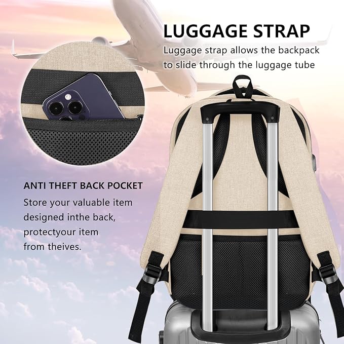 Backpck for Women, School backpacks for Girls Boys Teen, 15.6 inch Laptop Back Packs with USB Charger Port, Mochilas for Business, College, Beige