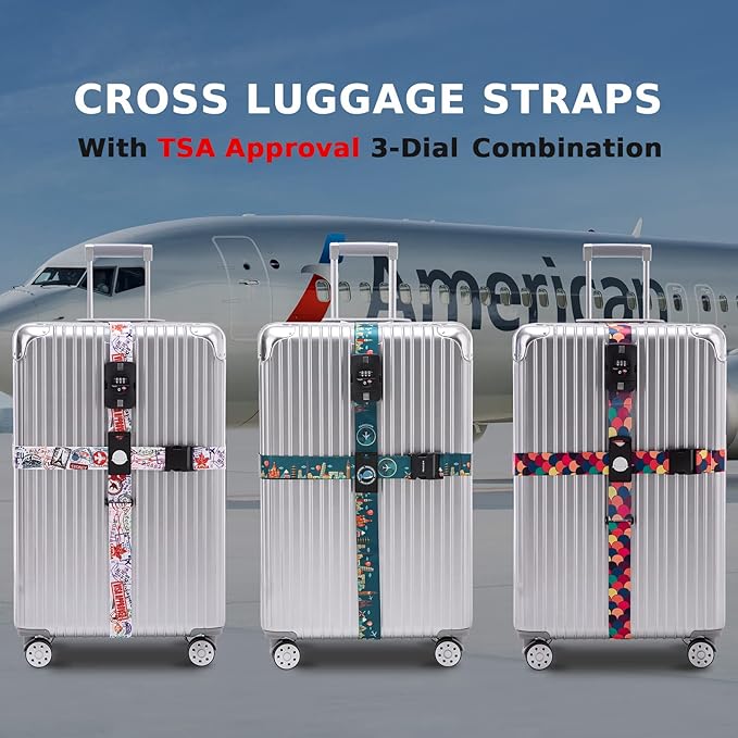 Travelkin Luggage Straps TSA Approved - Adjustable Cross Suitcase Straps with TSA Lock, Reinforced Buckle, Unique Pattern - Secure Heavy Duty Luggage Straps for Travel (Green)
