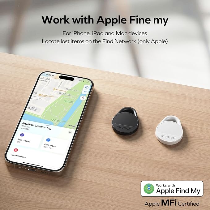 Momax Key Finder Tracker Tag - [Apple MFi Certified] Smart Bluetooth Tracking Device with Find My (iOS Only), Replaceable Battery, DIY Stickers, for Wallets, Luggage, Suitcases, Backpacks, 2 Pack