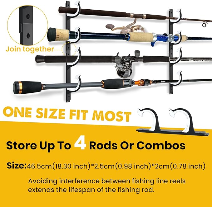 QudraKast Horizontal Fishing Rod Holder for Garage Wall Ceiling Mount - Fishing Pole Holders Fishing Rod Rack Holds Up to 4 Rods or Combos, Ideal Fishing Gift (2pack)