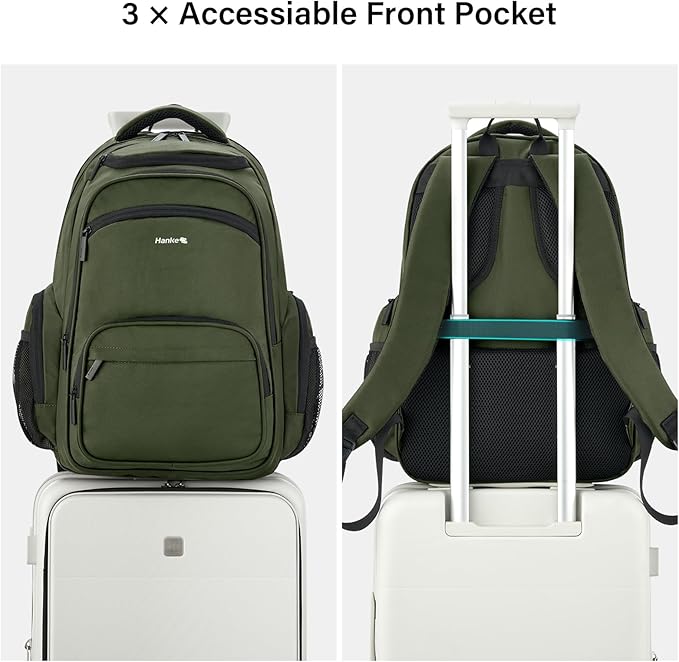 Hanke College Laptop Backpack Multi-Pocket, 18-Inch Large Travel Backpack for Men Women, Water Resistant College Bookbag for 15.6 Inch Laptop, Casual Daily Personal Item Size,Army Green
