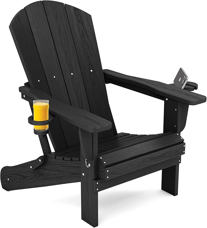 SERWALL HDPE Folding Adirondack Chair with Dual Cup Holder - Composite Adirondack Chair Set of 4- Black