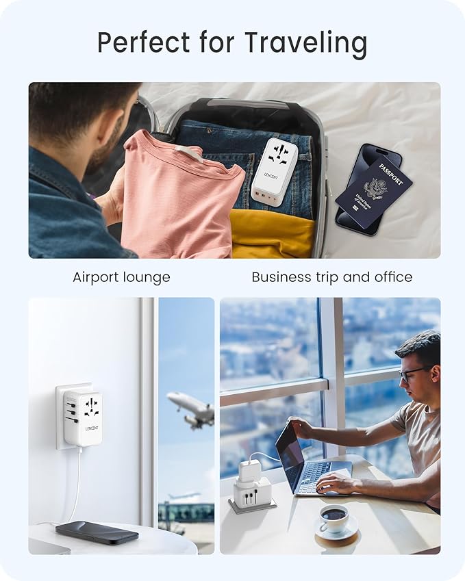 LENCENT Universal Travel Adapter, 100W GaN3 International Adaptor with 2 QC3.0 USB-A+2 PD3.0 Type-C PPS Fast Charging, Worldwide Wall Charger for iPhone,Laptop, Plug Adapter USA/UK/EU/AU