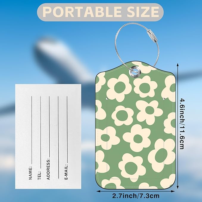 Vintage Groovy Flowers Set of 2 Luggage Tags for Suitcases Leather Suitcase Tags Identifiers with Privacy Name Address Label and Stainless Steel Loop for Women Men Travel Luggage Accessories
