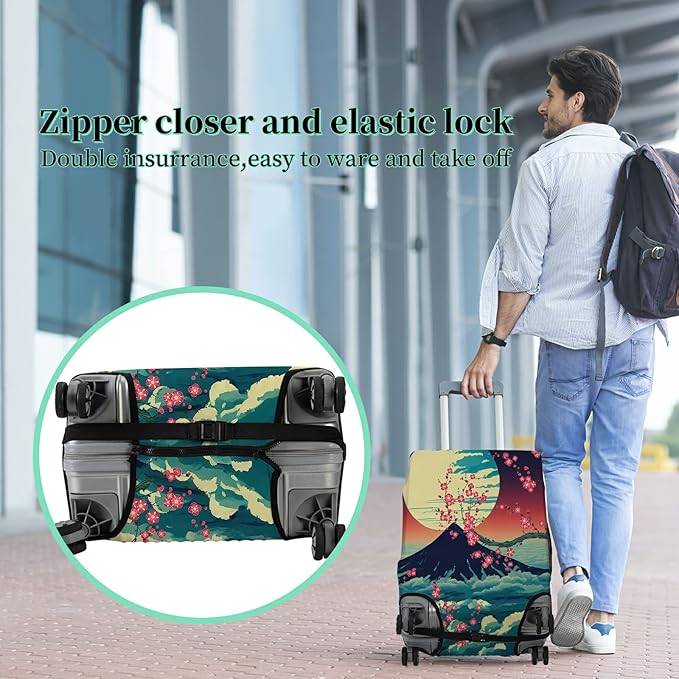 Luggage Cover Suitcase Protector + Luggage Tag, Landscapes Sakura Mount Fuji Travel Suitcase Cover for 18-20 inch Luggage (S) with Concealed Zipper Washable Elastic Cloth Dustproof Anti-Scratch