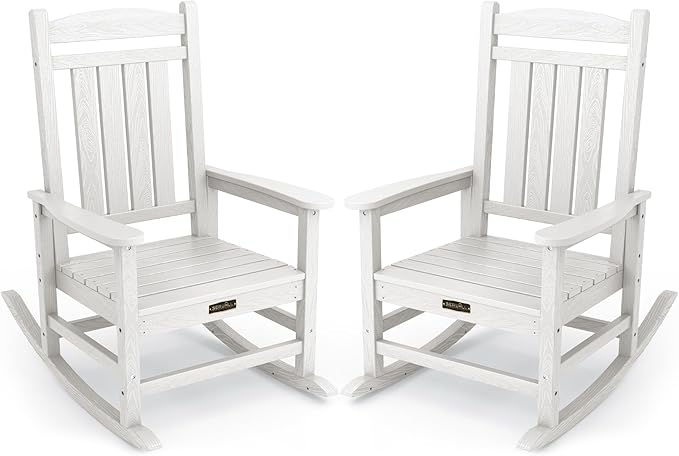 SERWALL Outdoor Rocking Chair Set of 2, HDPE Patio Rocking Chair All-Weather Porch Rocker for Balcony, Yard, White