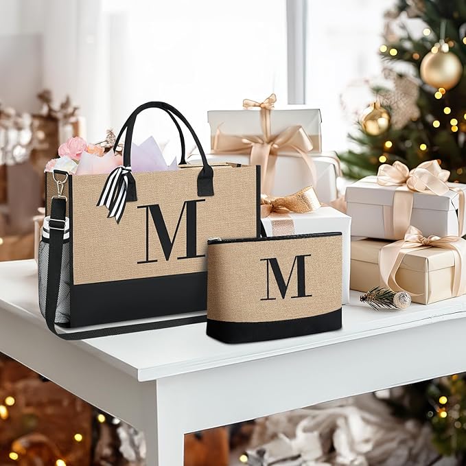 BAGAIL Initial Tote Bag, Personalized Birthday Gifts for Women, Teacher, Friends, Mom, Wedding, Monogrammed Beach Bag