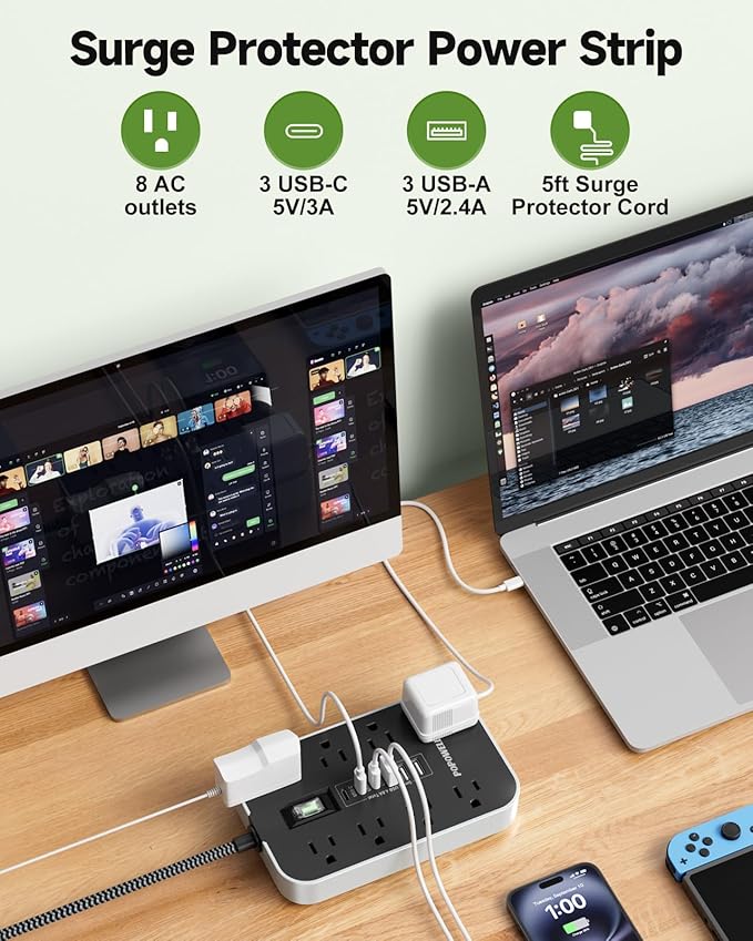 Power Strip Surge Protector- 5FT Flat Plug Extension Cord, 8 AC Outlet& 6 USB Ports(3 USB C), 1080 J Surge Protection, Desk Charging Station, Overload Switch, Home, Office, Gaming Room Essentials.